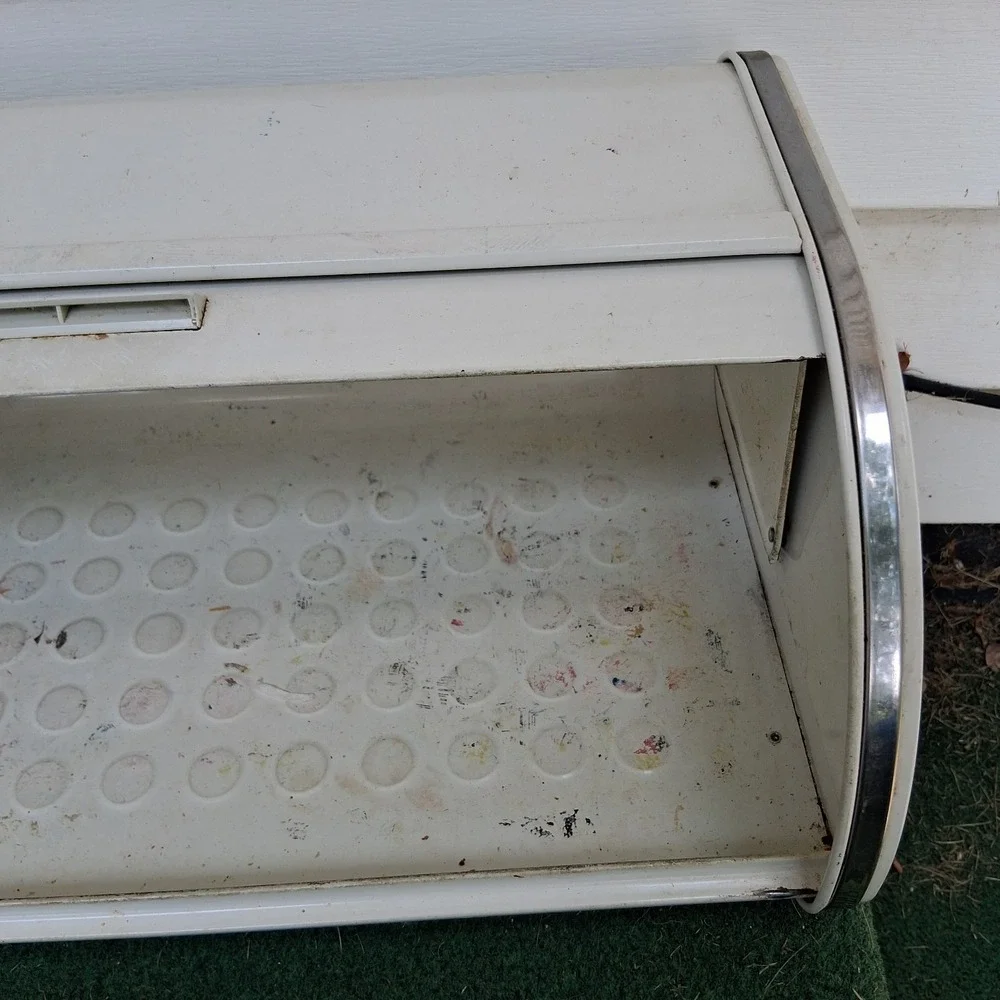 Vintage MCM Metal White Enamel Chrome Rolltop Bread Box Rockabilly Shabby